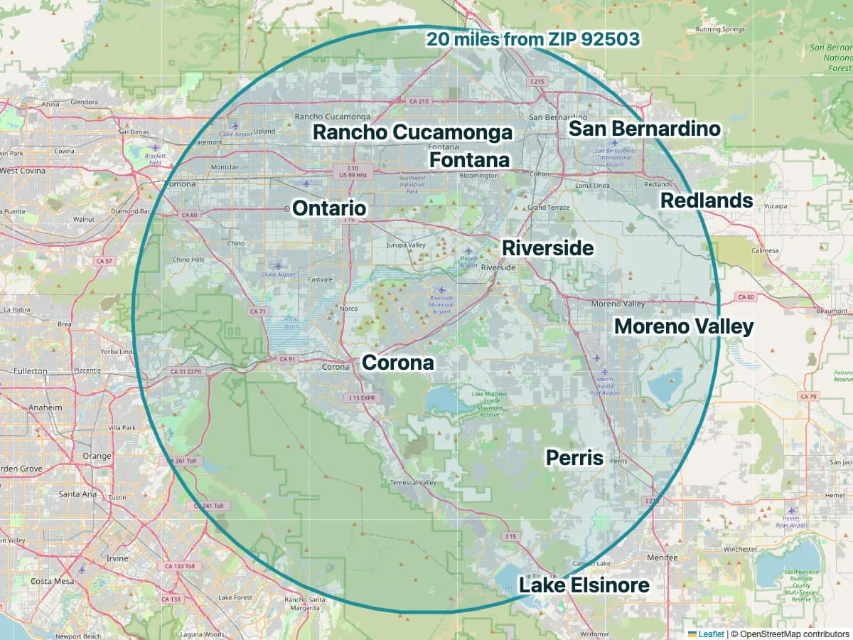 Map of the Beetle & Frog service area: a circle covering 20 miles around Riverside, California, on an OpenStreetMap base map.